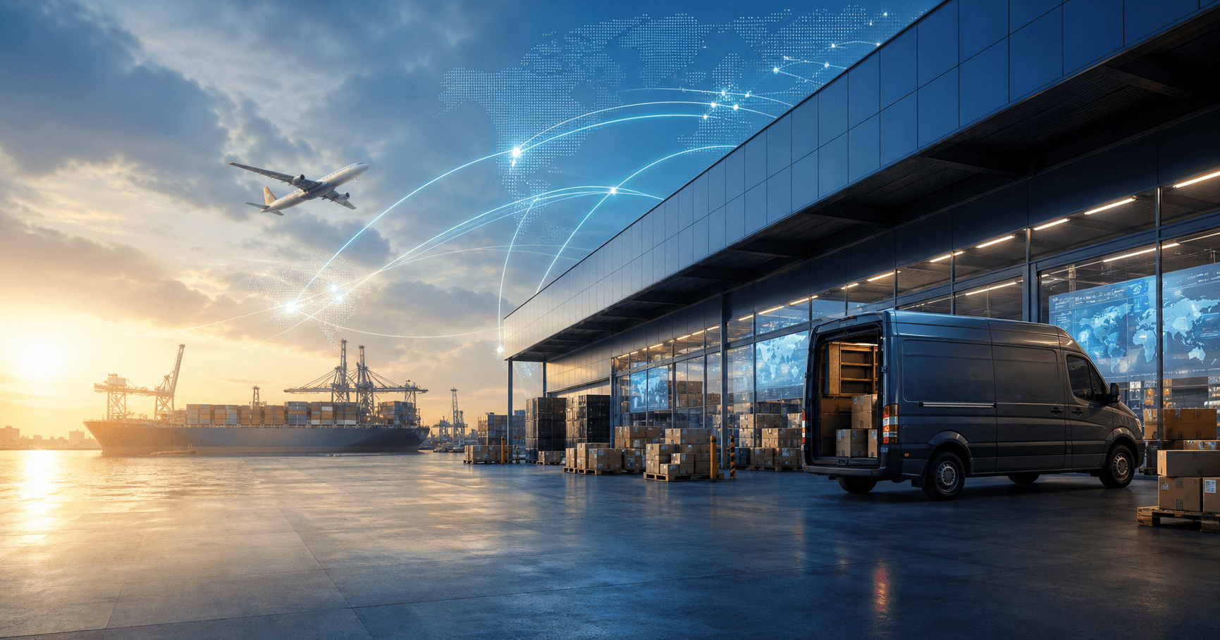 Apex Global Logistics warehouse, delivery vehicle, cargo aircraft, and global route overlays